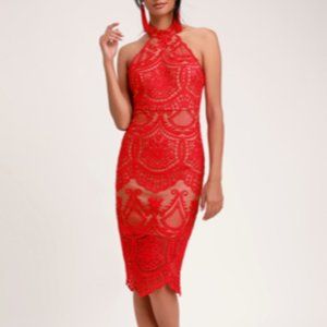 Red Lace Halter Midi Dress